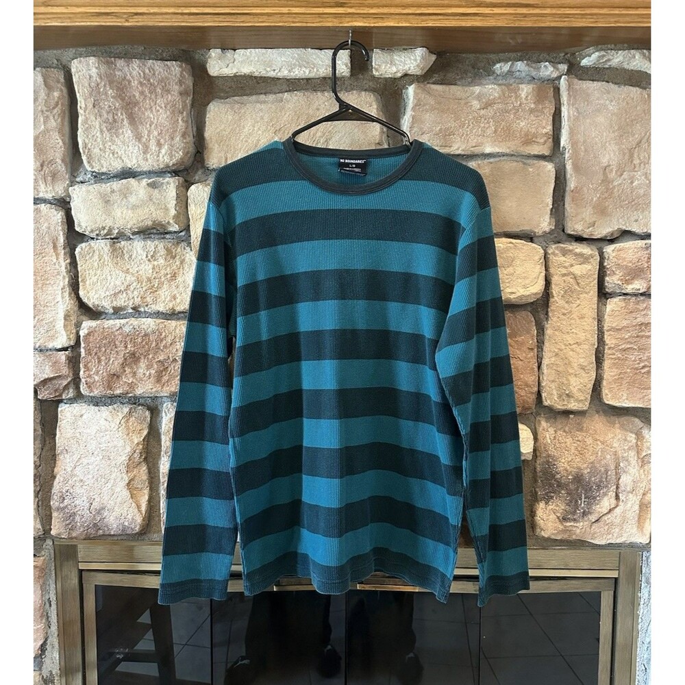 VTG 90s Y2K No Boundaries Green Black Striped Waffle Knit Thermal Long Sleeve L